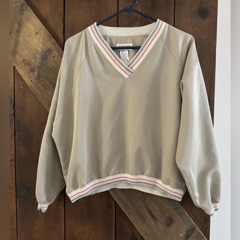 Vintage Beige Windbreaker Sweater with Stripe Trim